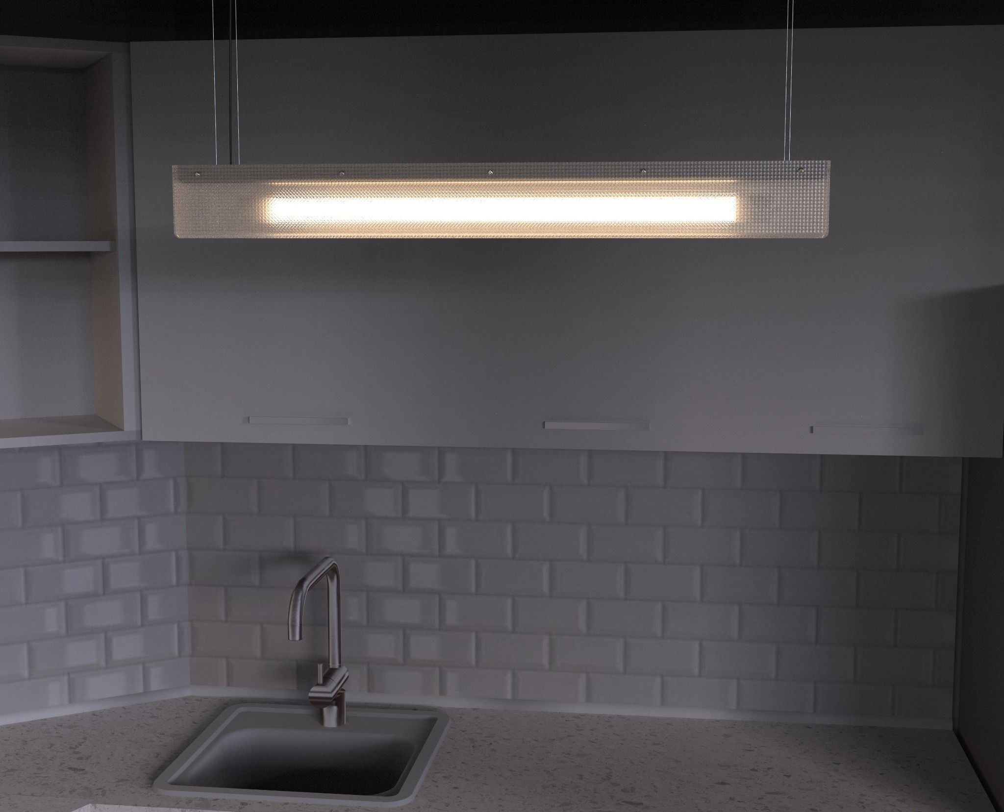 Front rendering of the illuminated Prisma Lamp above the kitchen sink